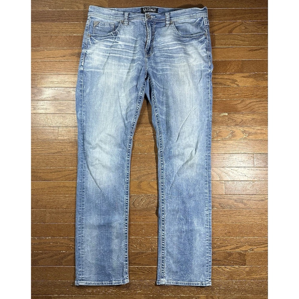 Salvage Mayhem Straight Regular Fit Mens 38X Stretch Whiskered Fade Light Wash